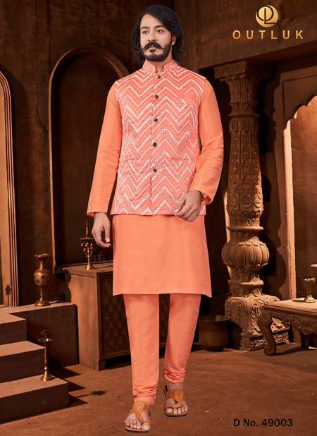 Orange Colour Art Silk Wedding Wear Kurta Pajama With Jacket Mens Collection 49003